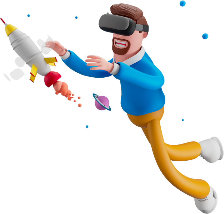 Personagem com óculos de realidade virtual lançando um foguete